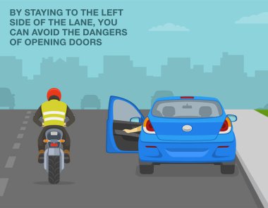 Safe motorcycle riding rules and tips. By staying to the left side of the lane you can avoid the dangers of opening doors. Back view of a street with parked vehicle. Flat vector illustration.