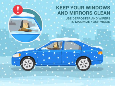 Winter season safe car driving tips and rules. Keep your windows and mirrors clean, use defrosters and wipes to maximize your vision. Side view of car on snowy road. Flat vector illustration template.