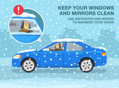 Winter season safe car driving tips and rules. Keep your windows and mirrors clean, use defrosters and wipes to maximize your vision. Side view of car on snowy road. Flat vector illustration template. clipart