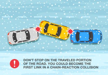 Winter season safe car driving tips and rules. Don't stop on the traveled portion of the road, you can could become a chain-reaction collision. Top view of snowy road. Flat vector illustration.