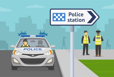 Polis merkezinin yakınındaki bir arabada oturan bir İngiliz trafik polisinin ön görüntüsü. Polis merkezi işaretçisinin yakın görüntüsü. Düz vektör resimleme şablonu.