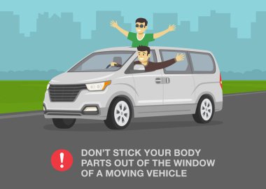 Güvenli sürüş ipuçları ve kurallar. Vücut parçalarınızı hareket halindeki bir aracın camından dışarı çıkarmayın. Otobanda bir minibüste iki adam. Dikkatsiz sürücü arabanın camından sarkıyor. Düz vektör illüstrasyonu.
