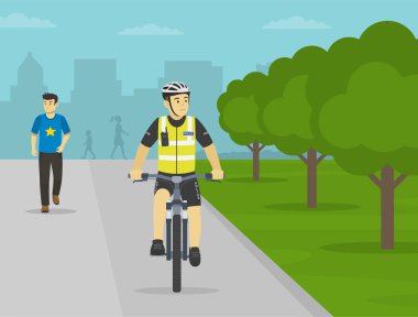 Police officer riding bike on sidewalk at city park. Front view. Flat vector illustration template.