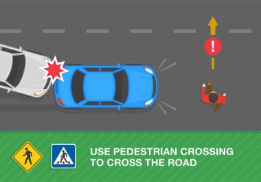 Pedestrian safety rules. Man crossing the street in front of the car. Use pedestrian crossing to cross the road. Top view of a chain-reaction collision. Flat vector illustration template.