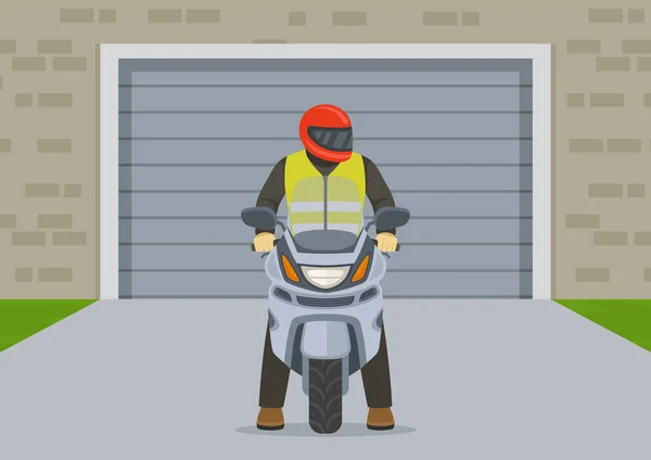 Front View Male Biker Leaving Garage Motorcyclist Stands Front Parking — Wektor stockowy