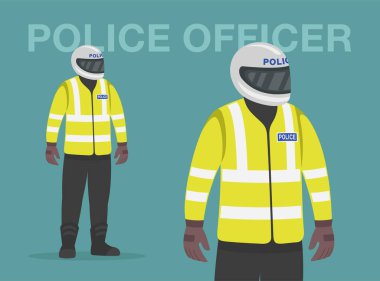 İzole edilmiş motosikletli polis memuru koruma kıyafeti giyer. Bakış açısı. Düz vektör resimleme şablonu.