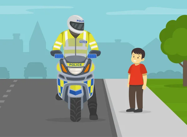 幸せな子供はオートバイのパトロールに話している 警察官を見ている少年 正面図 平面ベクトル図テンプレート — ストックベクタ