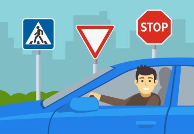 Araba sürme alıştırması. Mavi arabalı mutlu bir erkek sürücünün yakın çekimi. Trafik işaretleriyle test yolundaki öğrenci sürücüsü. Düz vektör resimleme şablonu.