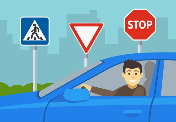 汽车驾驶练习 一个快乐的男性驾驶蓝色轿车的特写镜头 学生司机在一条有交通标志的测试路上 平面矢量图解模板 — 图库矢量图片