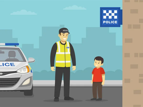 Szczęśliwy Chłopak Rozmawiający Policjantem Obok Posterunku Mały Chłopiec Patrzący Policjanta — Wektor stockowy