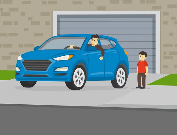 ガレージを出ている間 幸せなお父さんと息子はお互いに話しています 男性の子供はSuv車の横のドライバを見て 正面図 平面ベクトル図テンプレート — ストックベクタ