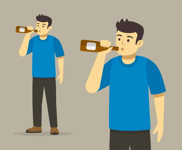 Personaje Masculino Joven Aislado Sosteniendo Botella Bebiendo Alcohol Vista Frontal — Vector de stock