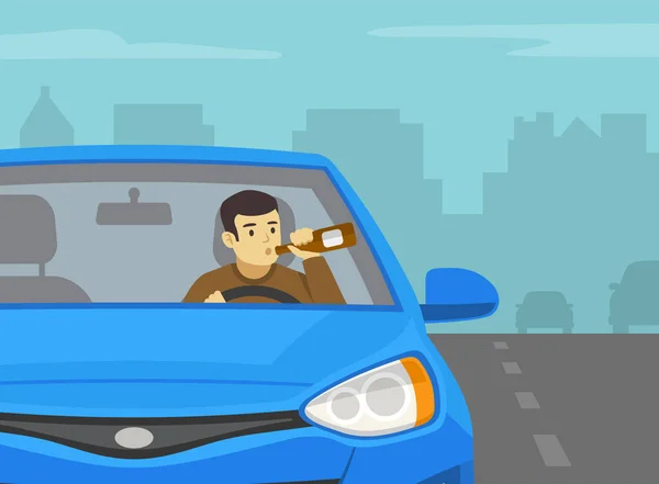 男性司机开车时喝酒的特写镜头 司机拿着瓶子的前视图 平面矢量图解模板 — 图库矢量图片