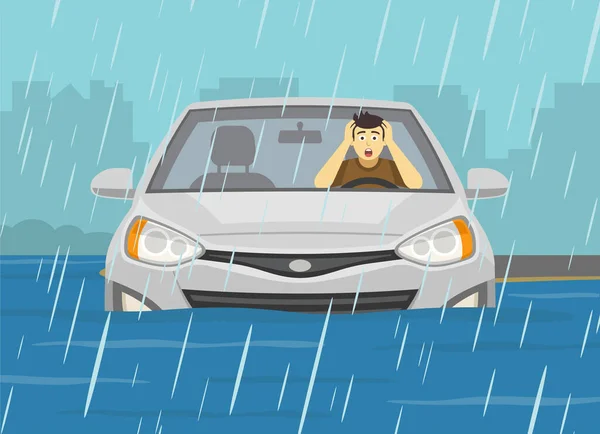 Overstroomde Weg Regenachtige Weersomstandigheden Een Bange Mannelijke Chauffeur Die Zijn — Stockvector