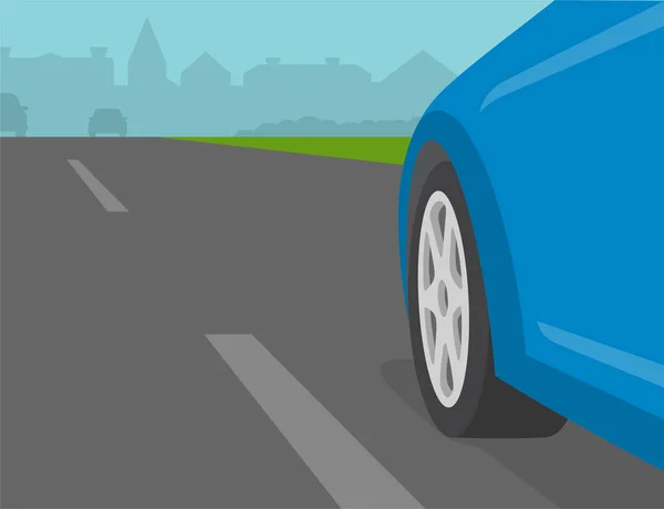 Κοντινό Πλάνο Του Μπροστινού Τροχού Του Μπλε Αυτοκινήτου Sedan Μια — Διανυσματικό Αρχείο