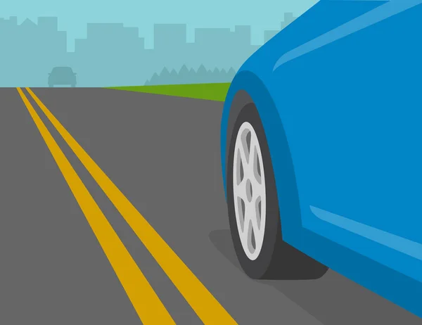 Stock vector Close-up of front wheel of blue car on a highway. Yellow double solid road line. Flat vector illustration template.