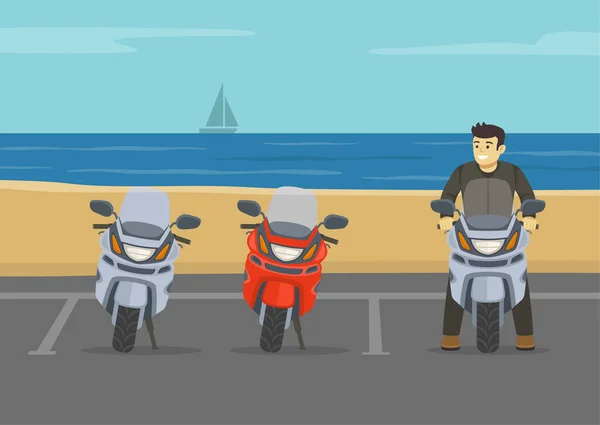 Εξωτερική Σκηνή Στάθμευσης Παρκαρισμένες Μοτοσικλέτες Χώρο Στάθμευσης Στην Παραλία Μοτοσικλετιστής — Διανυσματικό Αρχείο