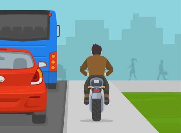 男のオートバイは渋滞を避けるために歩道に乗っています トラフィックフローのバックビュー 平面ベクトル図テンプレート — ストックベクタ