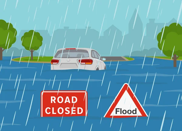 Estrada Inundada Condições Climáticas Chuvosas Suv Parcialmente Submerso Sinais Aviso — Vetor de Stock