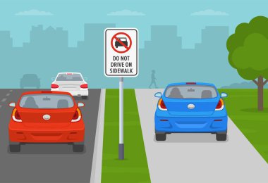 Kaldırım trafik işaretinde araba kullanmayın. Trafik sıkışıklığından kaçınmak için araba kaldırımda hareket ediyor. Trafik akışının arka görüntüsü. Düz vektör resimleme şablonu.