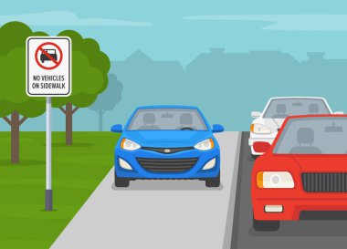 Açık hava park kuralları. Kaldırım trafik işaretinde araç yok. Kaldırıma park edilmiş bir arabanın ön görüntüsü. Düz vektör resimleme şablonu.
