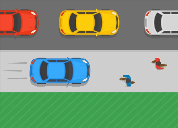 危険と違法運転 車は渋滞を避けるために歩道を移動します トラフィックフローのトップビュー 平面ベクトル図テンプレート — ストックベクタ