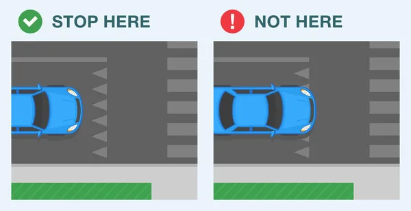 安全な運転のヒントや交通規制のルール 道路標識を与える方法で正しく 間違って停止します 最上階だ 平面ベクトル図テンプレート — ストックベクタ