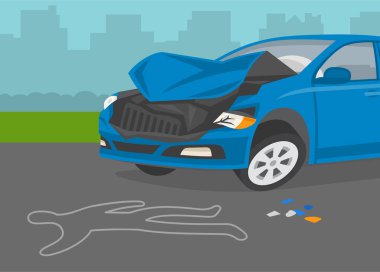 Trafik kazası ölüm sahnesi. Yolda tebeşirle işaretlenmiş insan silueti şeklindeki ceset ana hatları. Yolda kaza yapmış. Düz vektör resimleme şablonu.