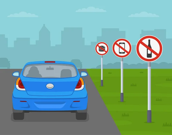 Правила Безопасного Вождения Вид Сзади Автомобиль Дороге Указателями Ограничения Пейте — стоковый вектор