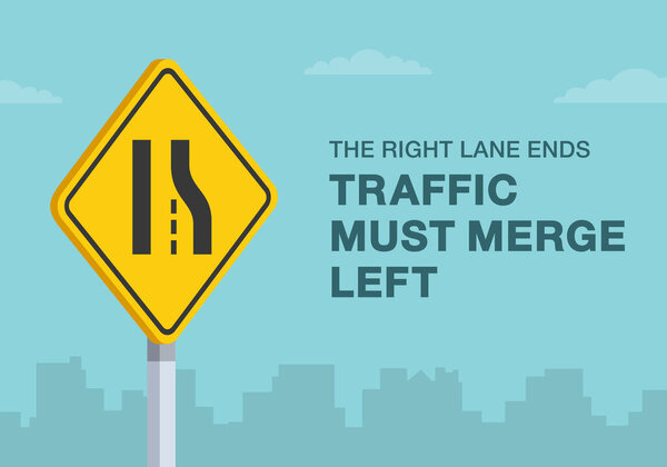 Безопасное вождение советы и правила дорожного движения. "Правая полоса заканчивается, движение должно слиться влево" дорожный знак. Вид крупным планом. Плоский векторный шаблон.