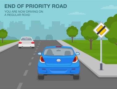 Güvenli araba kullanma ipuçları ve trafik kuralları. Öncelikli yol tabelasının sonu demek. Normal bir yolda giden bir arabanın arka görüntüsü. Düz vektör resimleme şablonu.