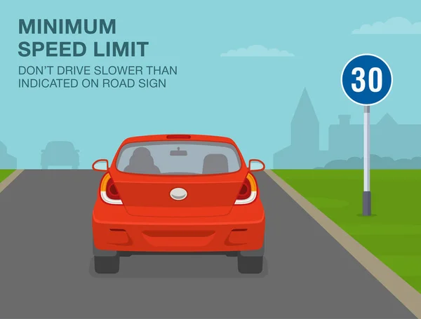 安全な車の運転のヒントや交通規制のルール 最小速度制限記号の意味 表示よりも遅いドライブは使用しないでください 道路上の赤い車のバックビュー 平面ベクトル図テンプレート — ストックベクタ