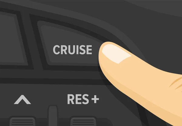 安全な車の運転 指でクルーズコントロールボタンを押す クローズアップビュー 平面ベクトル図テンプレート — ストックベクタ