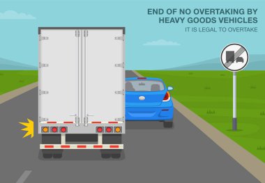 Güvenli araba kullanma ipuçları ve trafik kuralları. Ağır yük araçları tarafından sollanmamanın sonu anlamına gelir. Yoldan geçen bir kamyonun arka görüntüsü. Düz vektör resimleme şablonu.