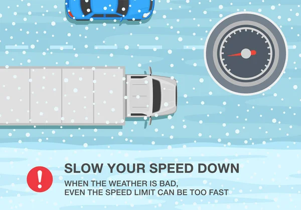 冬のシーズンの安全運転のヒントとルール 雪道でのセミトレーラーのトップビュー 速度制限も速すぎることができます悪天候が悪い場合は スローダウン 平面ベクトル図テンプレート — ストックベクタ
