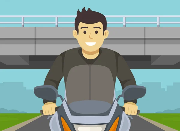 Vue Rapprochée Motocycliste Sans Casque Roule Moto Sous Passage Supérieur — Image vectorielle