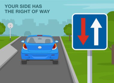 Güvenli sürüş ipuçları ve trafik kuralları. Yaklaşan trafik işaretinden daha öncelikli. Senin tarafın yol hakkı var. Düz vektör resimleme şablonu.