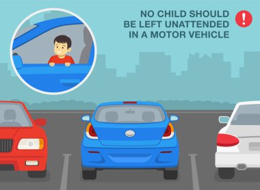 Güvenli sürüş ipuçları ve kurallar. Hiçbir çocuk motorlu bir araçta yalnız bırakılmamalı. Çocuk sürücü koltuğunda oturuyor. Dışarıdaki arabaların arka manzarası. Düz vektör resimleme şablonu.