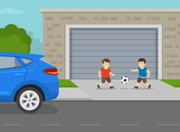 Соседская Сцена Мальчики Играют Мячом Подъездной Дорожке Дети Играют Игру — стоковый вектор
