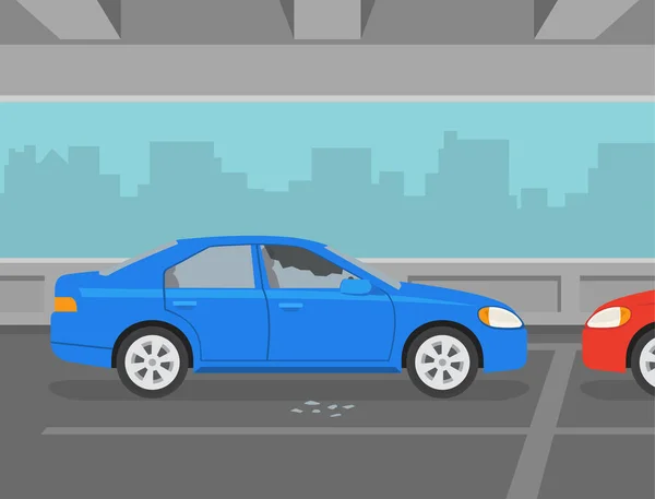 Bilstöldens Säkerhet Brottsplats Ett Parkeringshus Krossad Utsikt Över Bilens Sidofönster — Stock vektor