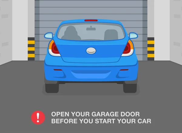 ガレージのドアの安全のヒントとルール あなたの車を始める前にあなたのガレージのドアを開けなさい ビュー内の屋内駐車場 平面ベクトル図テンプレート — ストックベクタ