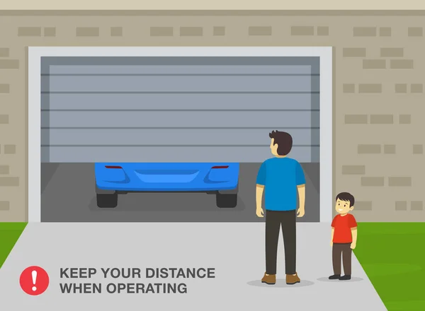 车库门的安全提示和规则 手术时要保持距离 男人和他的儿子站在车库前面 平面矢量图解模板 — 图库矢量图片