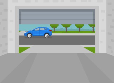 Evin garaj kapısını açtı. İçeriden caddeye bak. Kapalı otopark. Düz vektör resimleme şablonu.