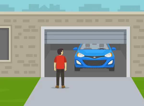 ドアが開いている間 男はガレージの前に立っている ドライブウェイで男性ドライバーのバックビュー 平面ベクトル図テンプレート — ストックベクタ