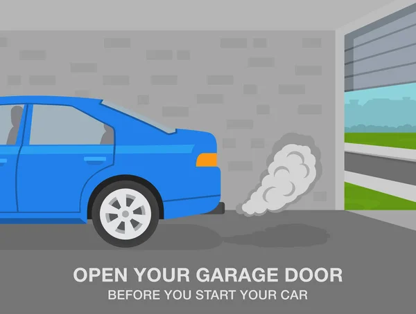 安全な運転のヒントとルール あなたの車を開始する前にガレージのドアを開きます 車の側面図 平面ベクトル図テンプレート — ストックベクタ