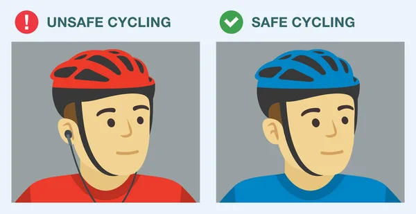 安全な自転車に乗るのヒントやルール 乗馬中のサイクリストのリスニング音楽のクローズアップ 耳栓は使用しないでください 平面ベクトル図テンプレート — ストックベクタ