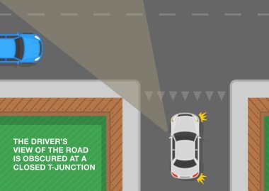 Güvenli sürüş ipuçları ve trafik kuralları. Sürücülerin yol görüşü kapalı bir T kavşağında gizlenmiş. Üst Manzara. Düz vektör resimleme şablonu.