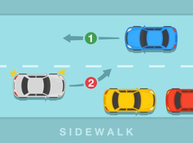 Güvenli sürüş ipuçları ve trafik kuralları. Yaklaşan araçlara yol vermek için park halindeki arabaların arkasında bekleyin. Üst Manzara. Düz vektör resimleme şablonu.