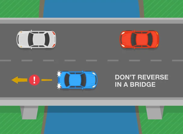 安全な運転のヒントや交通規制のルール 橋の上で反転しないでください 逆移動車のトップビュー 平面ベクトル図テンプレート — ストックベクタ