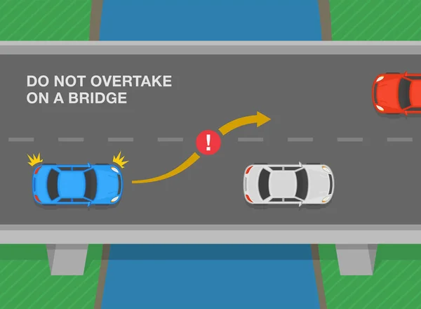 安全な運転のヒントや交通規制のルール 青い車は他の車を通過している 橋の上でオーバーテイクしないでください 平面ベクトル図テンプレート — ストックベクタ